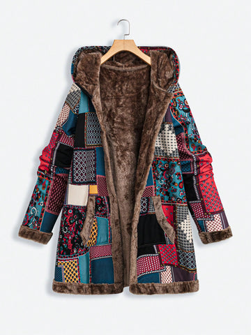 Plus Patchwork Print Teddy Lined Hooded Coat Thermal