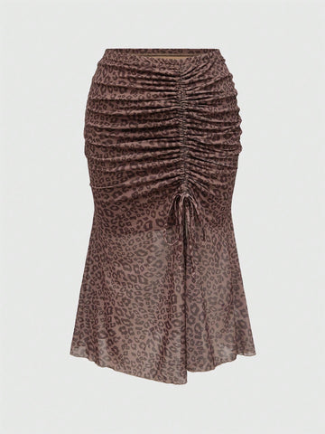 Plus Size Leopard Print Split Gathered Skirt