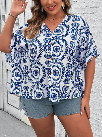 Plus Size Loose Vacation And Leisure Full Printed Shirt With Button Embellishments