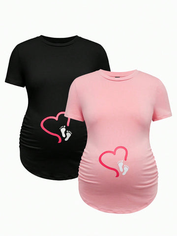 Maternity Summer Casual Round Neck Short Sleeve Heart Pattern Slim Fit Multicolor T-Shirt For Urban