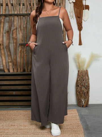 Plus Size Solid Color Casual Daily Wear Spring/Summer Overall Jumpsuit With Suspender
