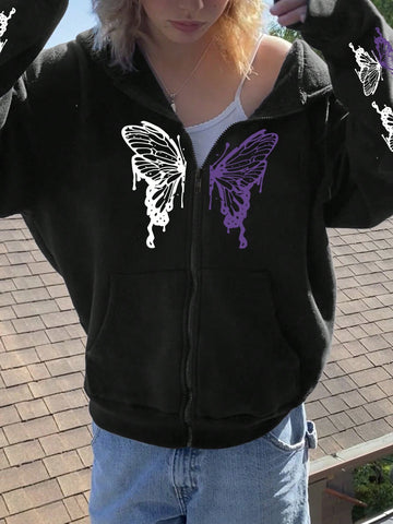 Women's Butterfly Printed Hooded Zipper Front Casual Sweatshirt