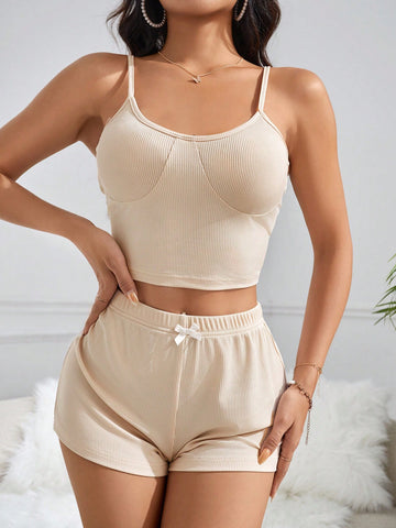 Women Fashionable And Comfortable One-Size Solid Color Camisole And Shorts Home Wear Set