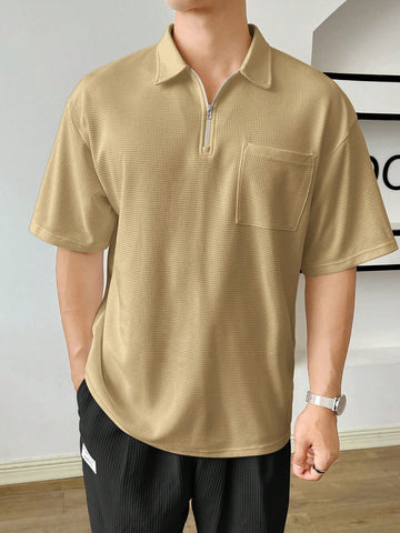 Loose Men Solid Color Half Zip Polo Shirt With Pocket And Patch