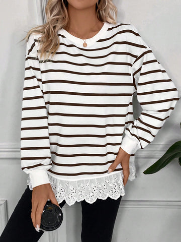 Women Fashion Colorblock Striped Sweater With Lace Trim