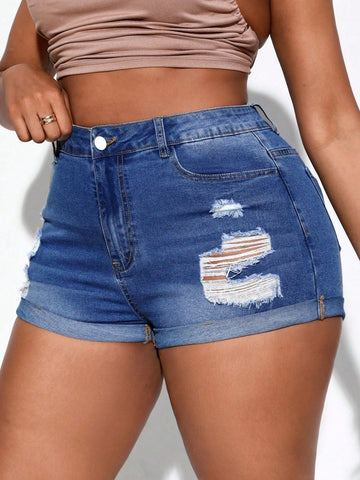 Plus Size Slim Fit Denim Shorts With Distressed Details And Rolled Hem For Summer