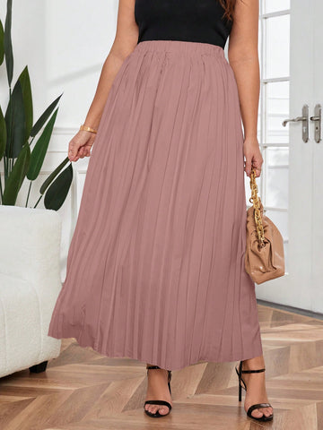 Plus Size Women Solid Color Pleated High Waist Long Skirt