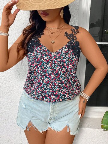 Plus Size Floral Embroidered Patchwork Spaghetti Strap Top For Summer