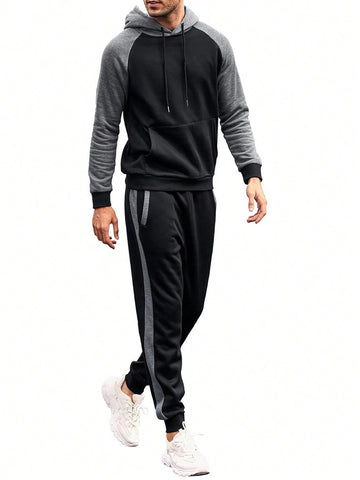 Men Color-Blocked Drawstring Hoodie And Sweatpants Sportswear Set For Spring And Autumn Workout Set