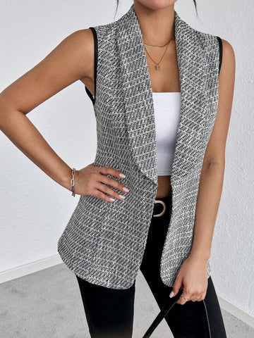 Women Sleeveless Collarless Casual Suit Jacket In Oat Color