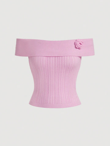 Casual Pink One-Shoulder Knitted Top With 3D Flower Embellishment