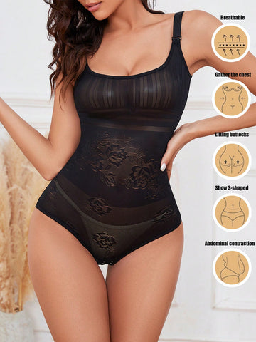 Solid Color Perspective Sleeveless Shapewear Bodysuit With Abdomen Control