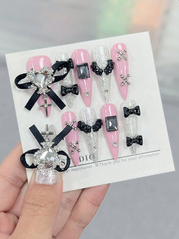 10pcs Nail Art Stickers With Rhinestones & Bowknot Design And 1pc Double Sided Tape