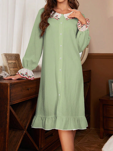 Women Color Block Floral Embroidery Ruffle Hem Button Front Spring Summer Sleepwear Dress