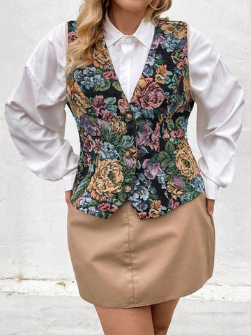 Plus Size Women\ V-Neck Floral Jacquard Single Breasted Suit Vest