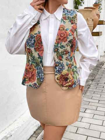 Plus Size Women Summer Flower Jacquard Single-Breasted Suit Vest