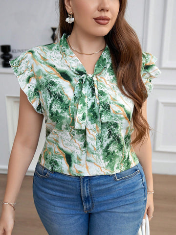 Plus Size Women Marble Print Short Flutter Sleeve Summer Shirt