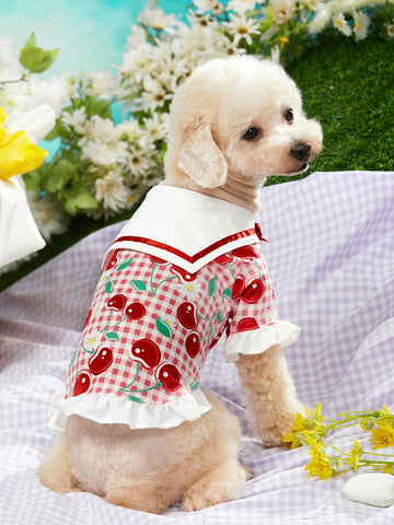 Cherry Print Red & White Plaid Skirt With Cute Bowknot, College Style Pet Dress