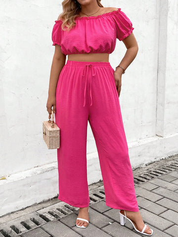 Plus Size Women Fashion Solid Color One Shoulder Top And Long Pant Two Piece Set