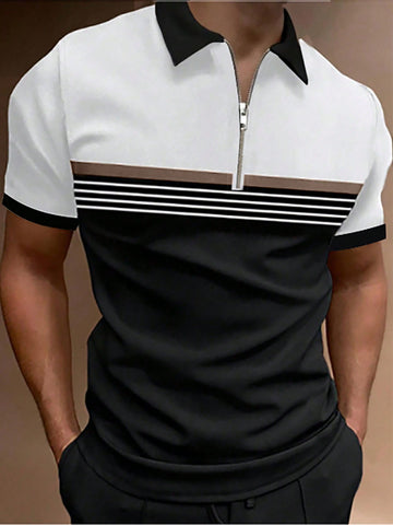 Men Printed Patchwork Casual Short Sleeve Polo Shirt For Spring Or Summer