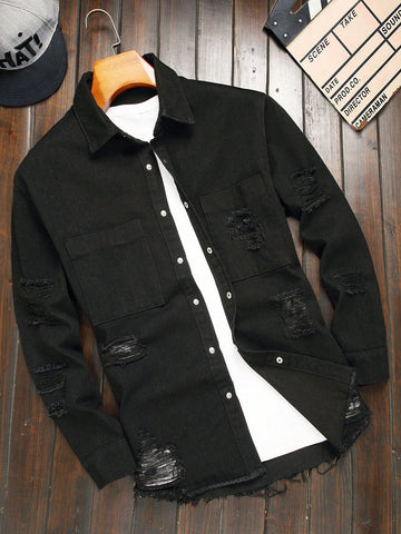 Men Solid Color Turn-Down Collar Distressed Denim Shirt With Pocket And Front Button Closure