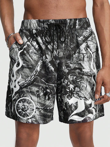 Men Camouflage Print Shorts With Branch & Bushes Design For Summer