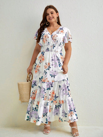 Plus Size Women Summer Holiday Style Floral Print Waist Tie Ruffle Short Sleeve Dress