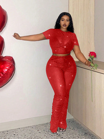 Plus Size Women Sexy Valentine Day Mesh Perspective Luminous Thread Short Sleeve T-Shirt And Pleated Pants Set