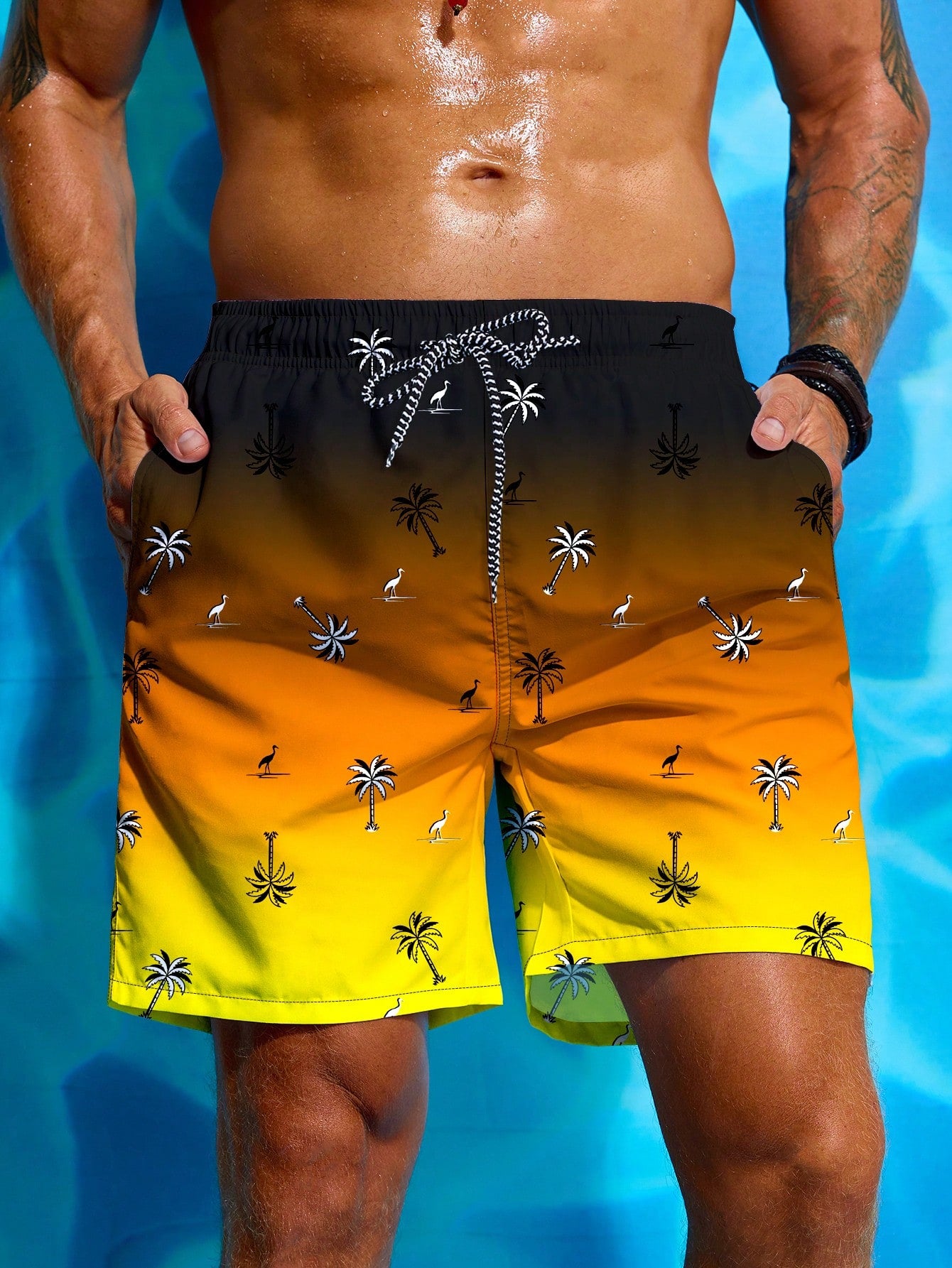 Men Random Tropical Print Ombre Drawstring Waist Beach Shorts