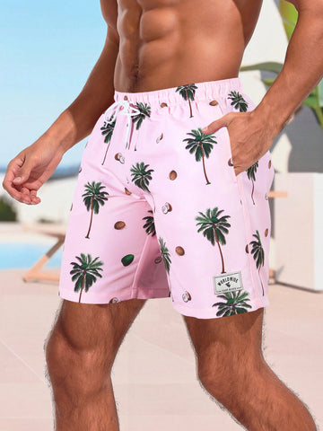 Men Stylish Beach Shorts With Coconut Tree Print For Casual Or Holiday Outfits