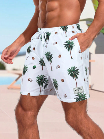 Men\ Drawstring Waist Palm Tree Printed Beach Shorts With Pockets