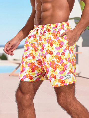 Men Floral Printed Drawstring Waist Summer Holiday Beach Shorts