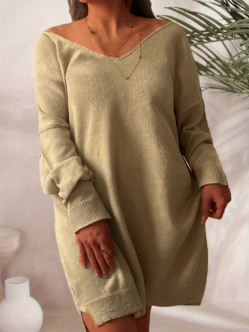 Plus Size Solid Color Drop Shoulder Loose Sweater Dress