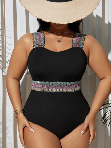 Summer Beach Plus Size Women Stylish Printed Spaghetti Strap One-Piece Swimsuit