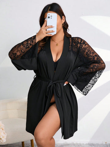 Plus Size Sexy Lace Splicing Bell Sleeve Robe With Belt