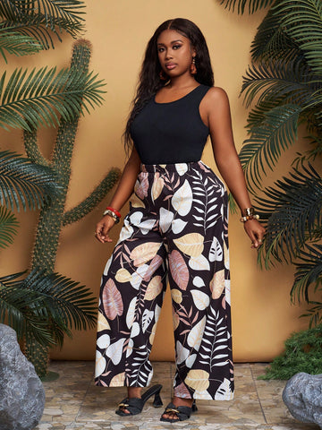 Plus Size Women Solid Color Tank Top And Vacation Printed Elastic Waist Wide Leg Pants Two Piece Set