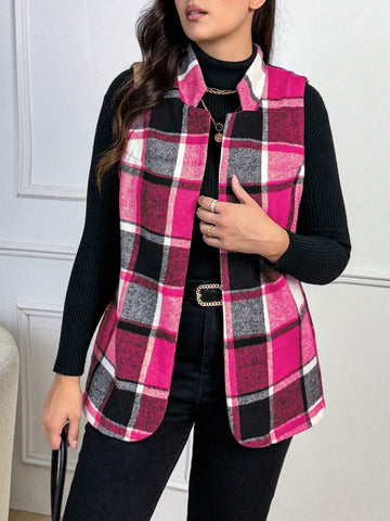 Plus Size Women Checkered Sleeveless Blazer With Lapel Collar And Open Front, Suitable For Daily Commute