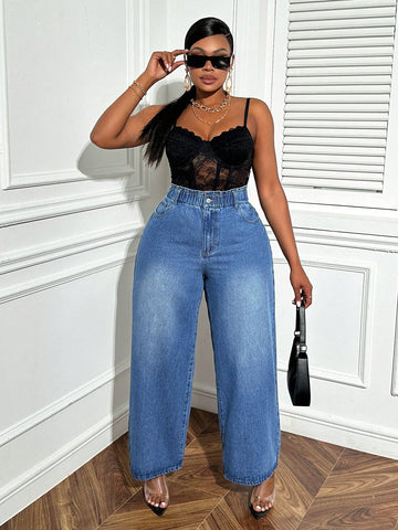 Fashionable Wide Leg Jeans With No Elasticity For Plus Size Women