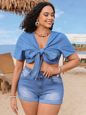 Plus Size Women Summer Short Sleeve Cropped Denim Top With Front Tie Knot
