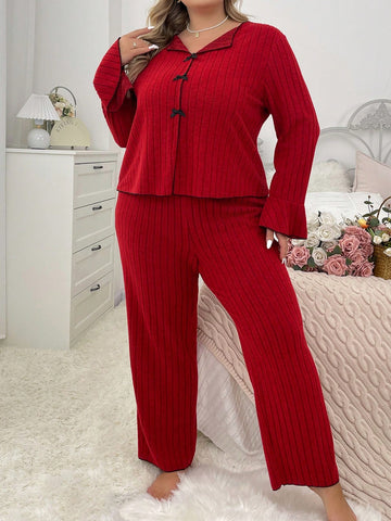 Contrast Trim Bow Decor Plus Size Pajama Set