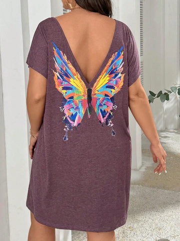 Plus Size Women Butterfly Print Short Sleeve Casual Dress With Round Neck For Summer