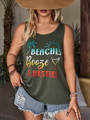 Plus Size Letter Print Leisure Vacation Style And Tank Top