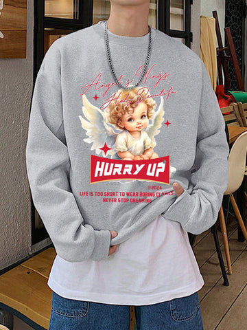 Men Casual Spring/Summer Round Neck Long Sleeve Sweatshirt With Drop Shoulder And Printed Design