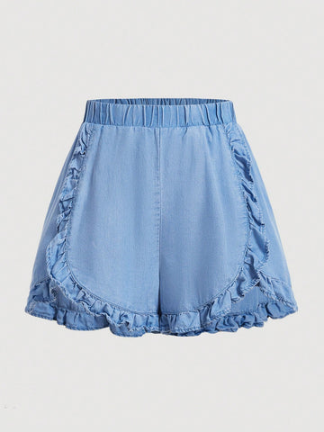 Women Vintage Style Short Pants With Teacup Pattern And Ruffle Hem, Elastic Waistband In Blue