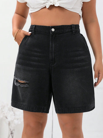 Plus Size Water Washed Cat Whisker Straight Leg Denim Shorts With Holes