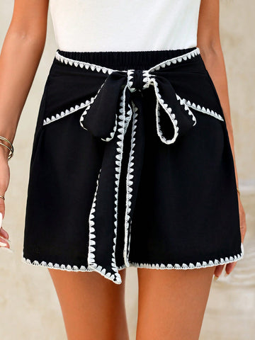Women Color Block Drawstring Shorts For Daily Casual Wear In Spring And Summer