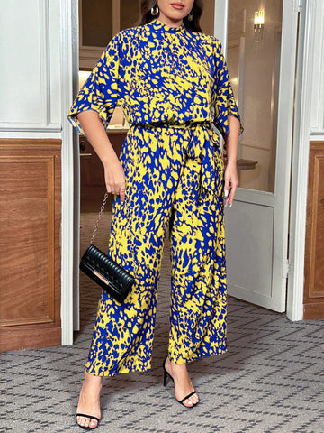 Plus Size Printed Jumpsuit With Stand Collar, Batwing Sleeves And Waist Belt