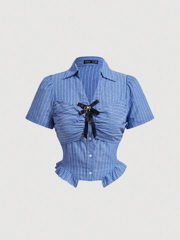 Blue Striped Cropped Shirt With Ruffles On Hem, Chest And Butterfly Knot Decoration