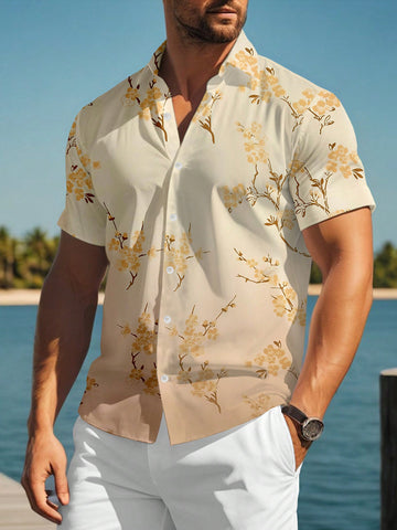 Men Button-Down Floral Print Short Sleeve Shirt With Irregular Floral Cut For Casual & Vacation In Summer