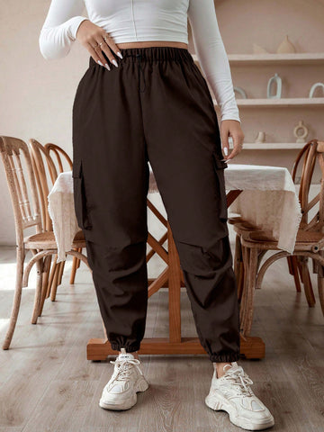 Plus Size Women Drawstring Waist Workwear Joggers With Pockets And Pleats